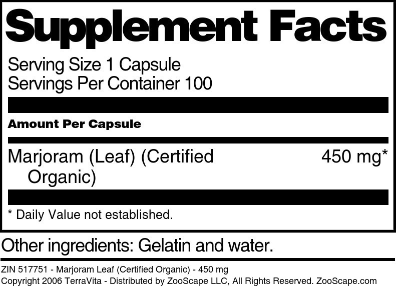 Marjoram Leaf (Certified Organic) - 450 mg - Supplement / Nutrition Facts
