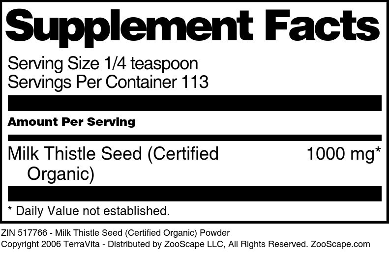 Milk Thistle Seed (Certified Organic) Powder - Supplement / Nutrition Facts
