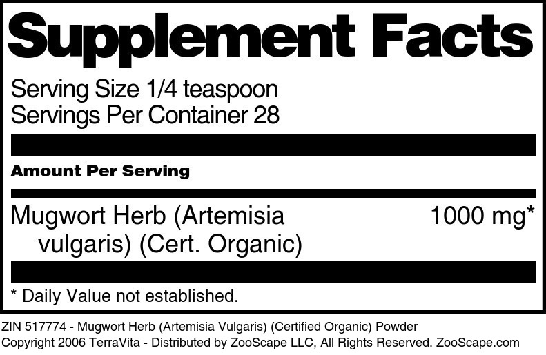 Mugwort Herb (Artemisia Vulgaris) (Certified Organic) Powder - Supplement / Nutrition Facts