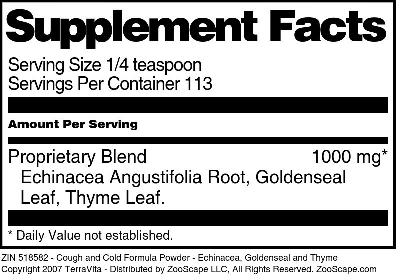 Cough and Cold Formula Powder - Echinacea, Goldenseal and Thyme - Supplement / Nutrition Facts