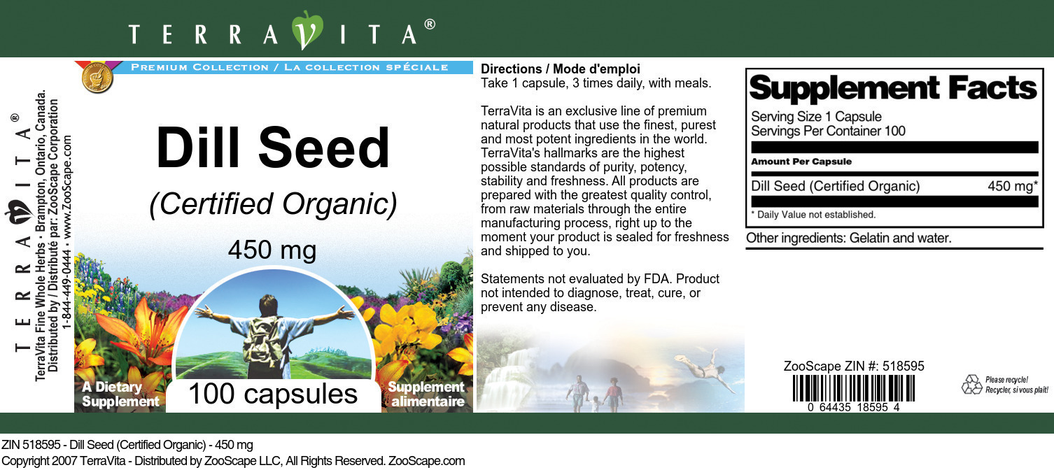 Dill Seed (Certified Organic) - 450 mg - Label