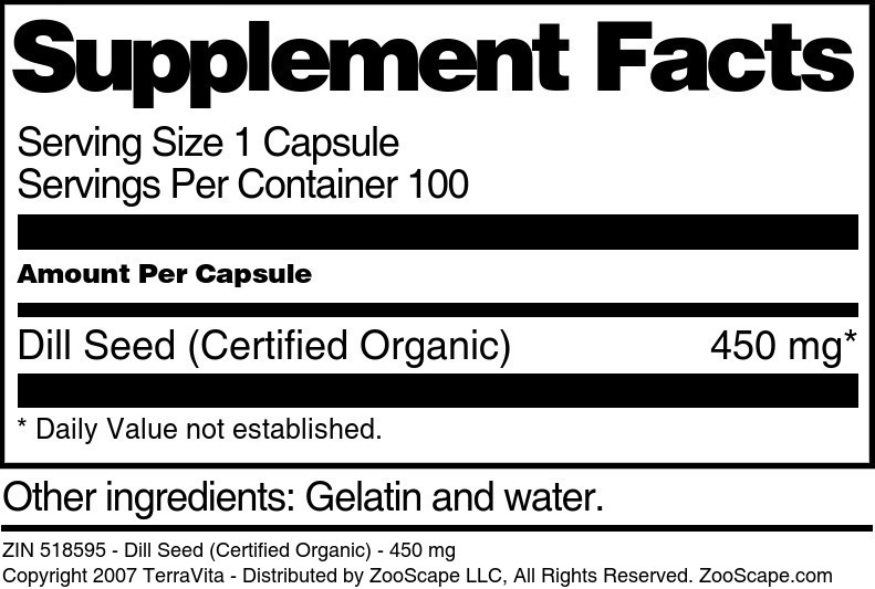 Dill Seed (Certified Organic) - 450 mg - Supplement / Nutrition Facts