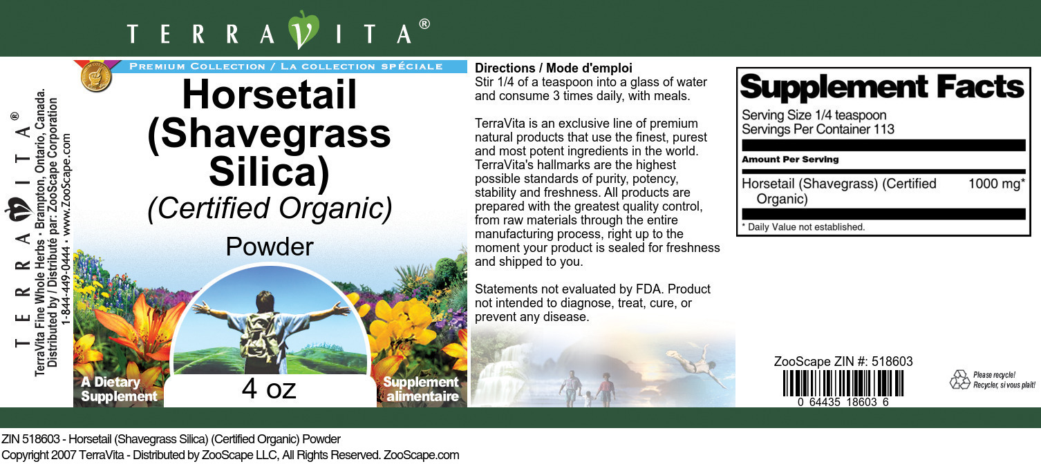 Horsetail (Shavegrass Silica) (Certified Organic) Powder - Label