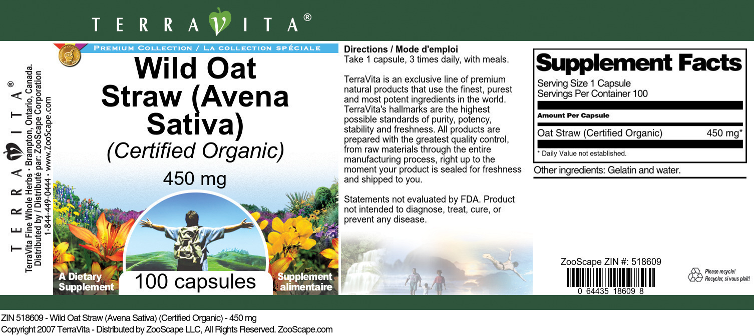 Wild Oat Straw (Avena Sativa) (Certified Organic) - 450 mg - Label