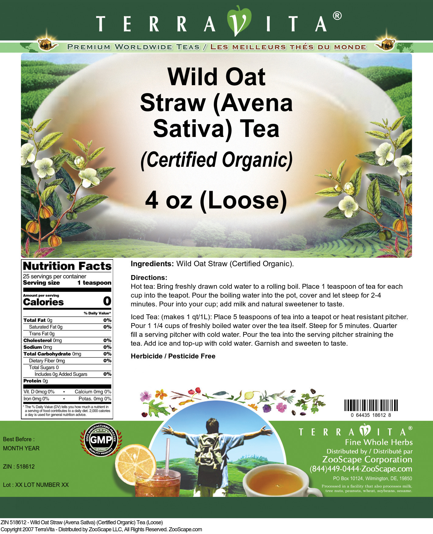 Wild Oat Straw (Avena Sativa) (Certified Organic) Tea (Loose) - Label