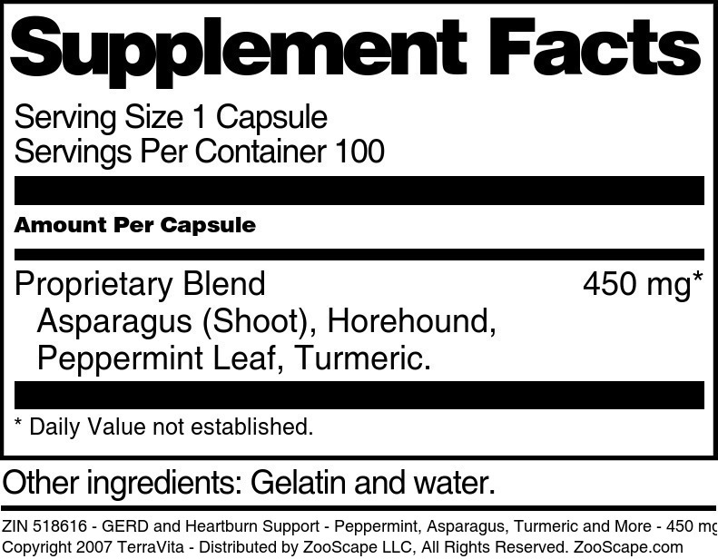 GERD and Heartburn Support - Peppermint, Asparagus, Turmeric and More - 450 mg - Supplement / Nutrition Facts