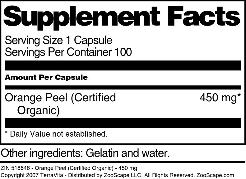 Orange Peel (Certified Organic) - 450 mg - Supplement / Nutrition Facts