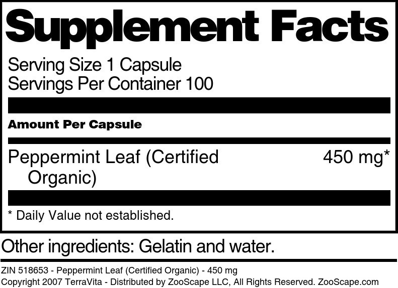 Peppermint Leaf (Certified Organic) - 450 mg - Supplement / Nutrition Facts