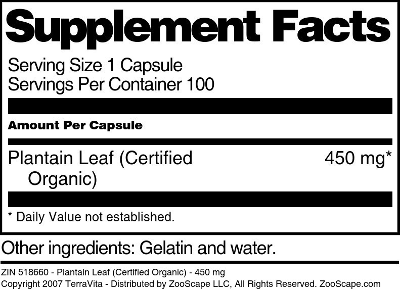 Plantain Leaf (Certified Organic) - 450 mg - Supplement / Nutrition Facts