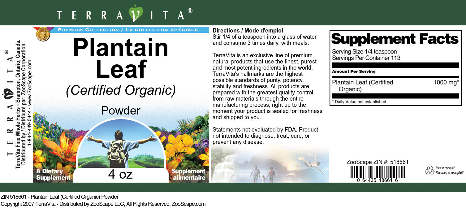 Plantain Leaf (Certified Organic) Powder - Label
