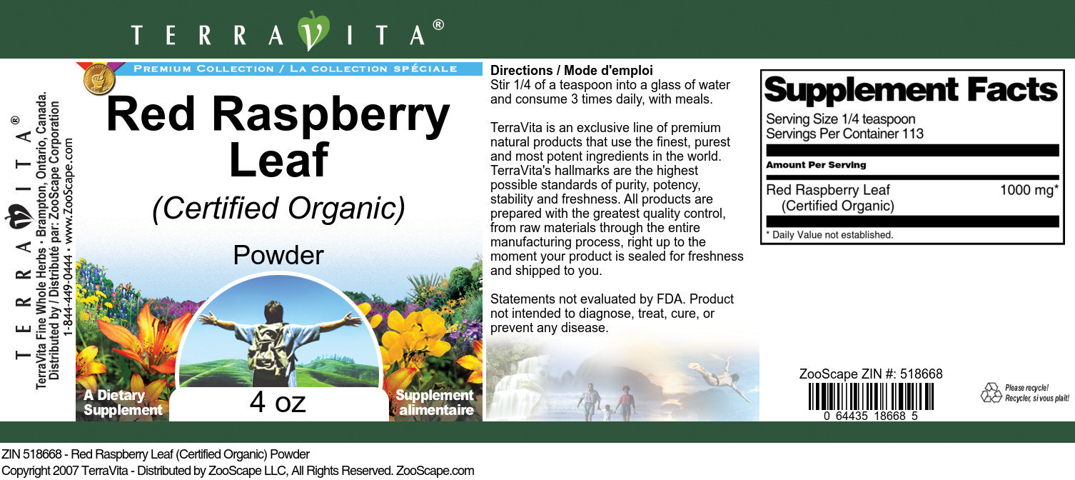 Red Raspberry Leaf (Certified Organic) Powder - Label