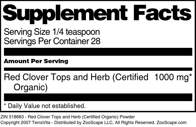 Red Clover Tops and Herb (Certified Organic) Powder - Supplement / Nutrition Facts