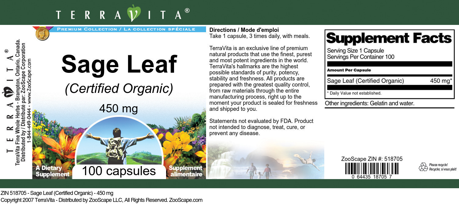 Sage Leaf (Certified Organic) - 450 mg - Label