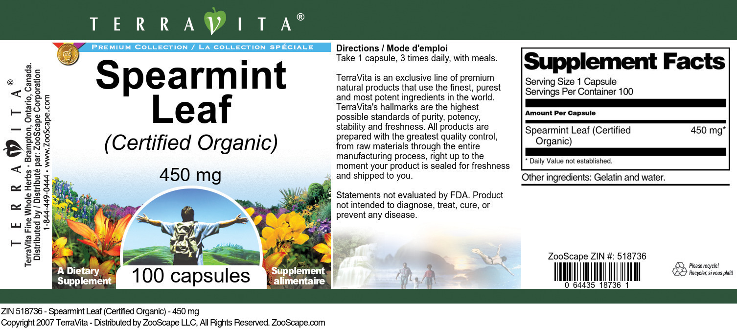 Spearmint Leaf (Certified Organic) - 450 mg - Label