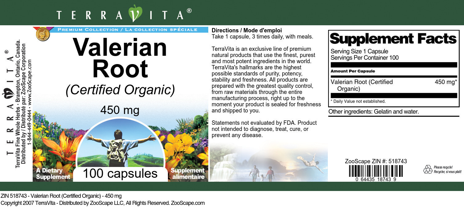 Valerian Root (Certified Organic) - 450 mg - Label