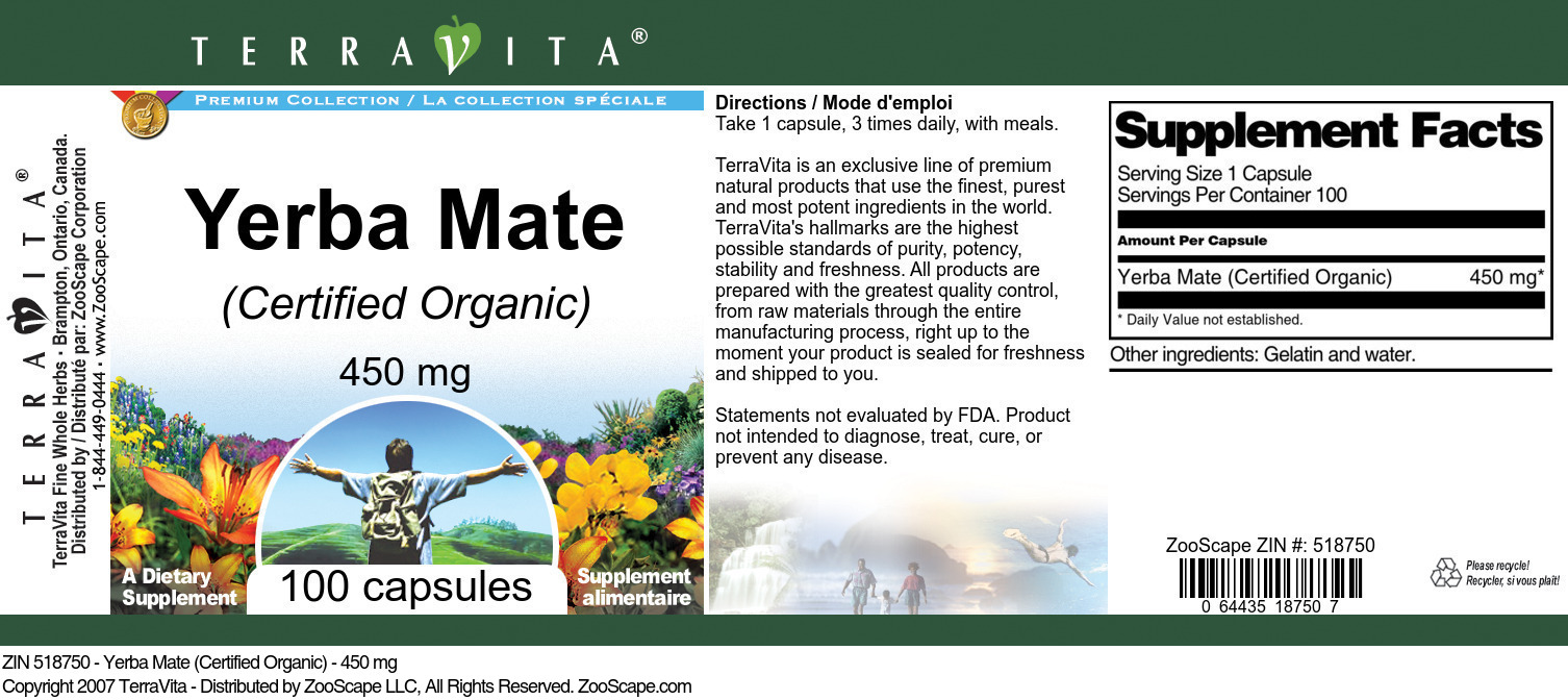 Yerba Mate (Certified Organic) - 450 mg - Label