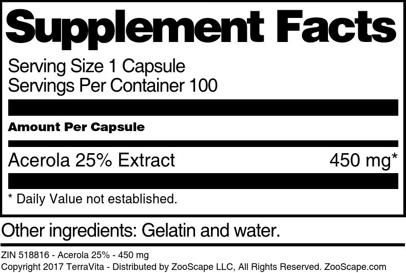 Acerola 25% - 450 mg - Supplement / Nutrition Facts