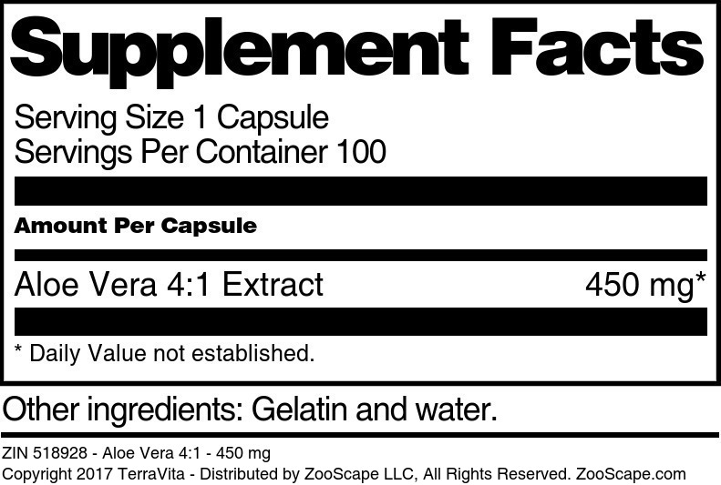 Aloe Vera 4:1 - 450 mg - Supplement / Nutrition Facts