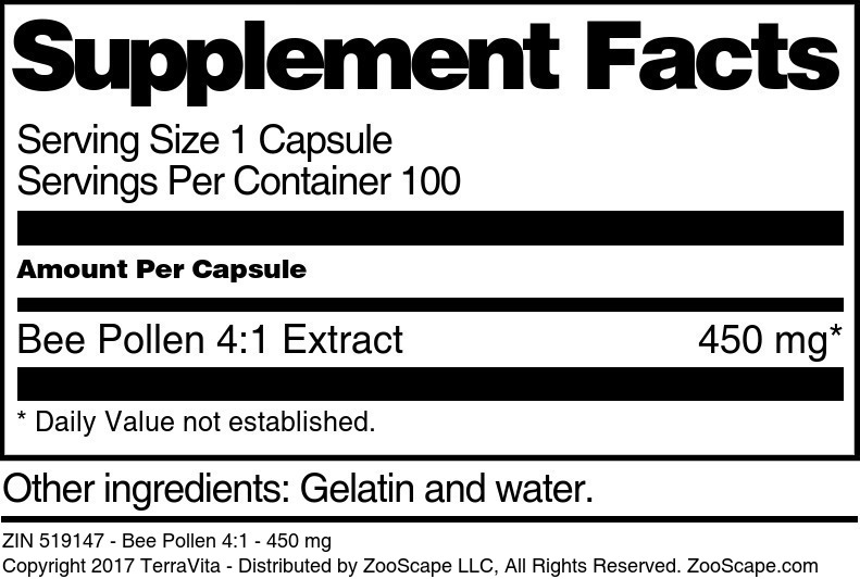 Bee Pollen 4:1 - 450 mg - Supplement / Nutrition Facts