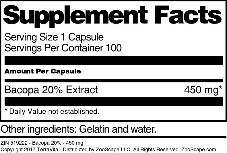 Bacopa 20% - 450 mg - Supplement / Nutrition Facts
