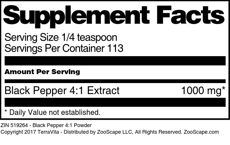Black Pepper 4:1 Powder - Supplement / Nutrition Facts