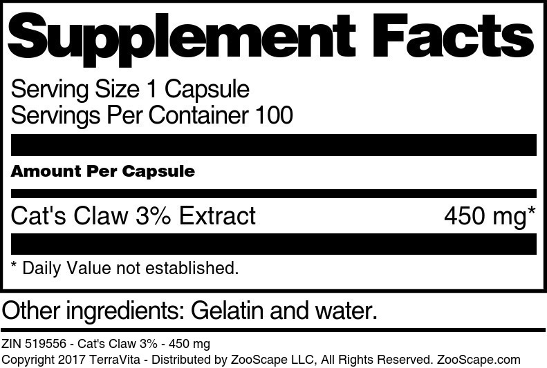 Cat's Claw 3% - 450 mg - Supplement / Nutrition Facts