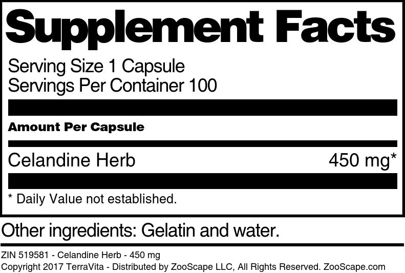 Celandine Herb - 450 mg - Supplement / Nutrition Facts