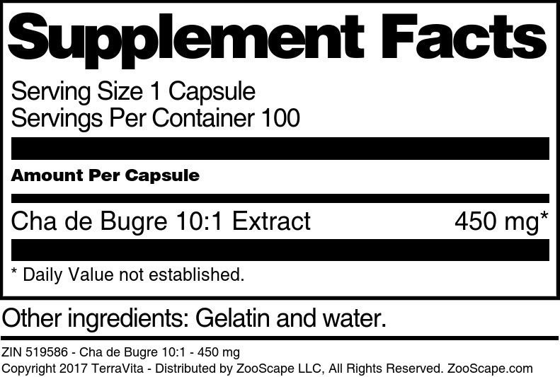 Cha de Bugre 10:1 - 450 mg - Supplement / Nutrition Facts
