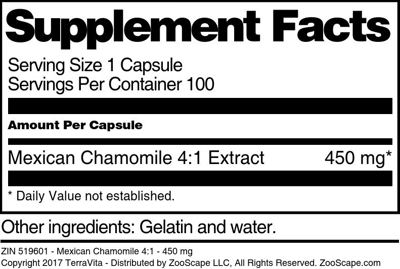 Mexican Chamomile 4:1 - 450 mg - Supplement / Nutrition Facts