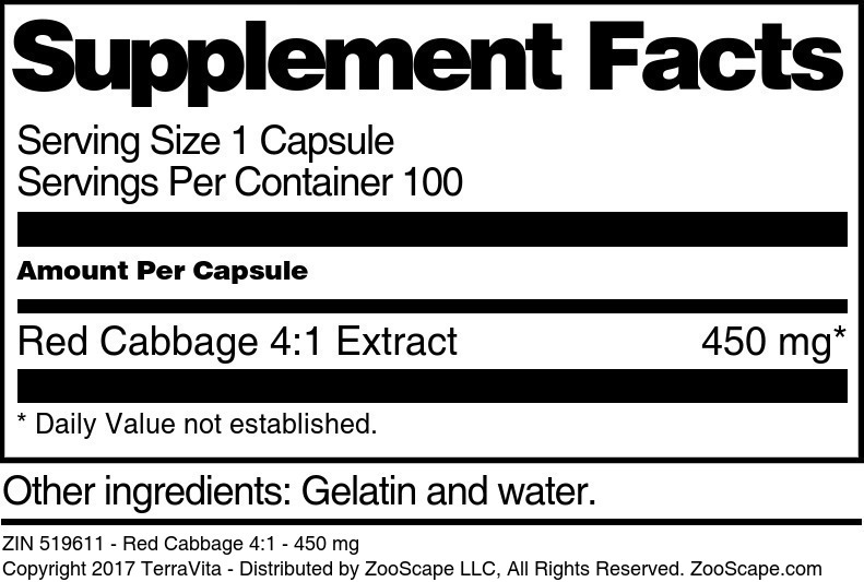 Red Cabbage 4:1 - 450 mg - Supplement / Nutrition Facts