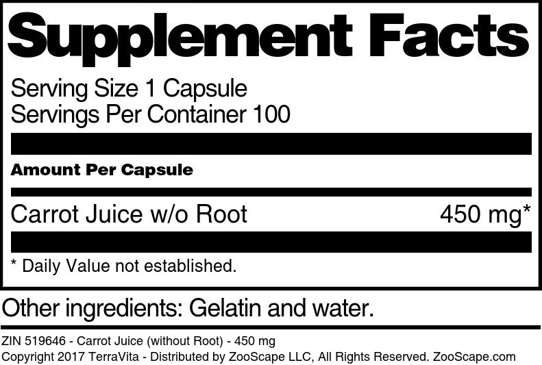 Carrot Juice (without Root) - 450 mg - Supplement / Nutrition Facts