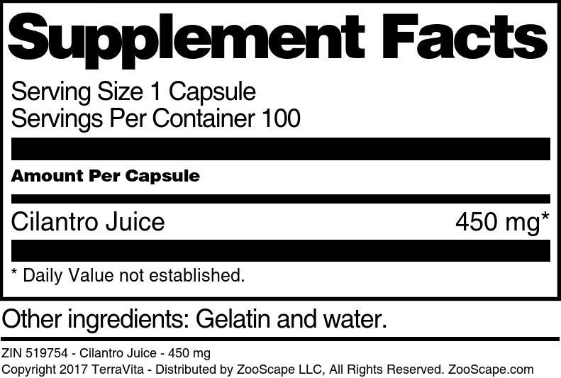Cilantro Juice - 450 mg - Supplement / Nutrition Facts
