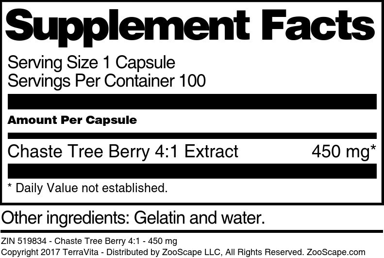 Chaste Tree Berry 4:1 - 450 mg - Supplement / Nutrition Facts