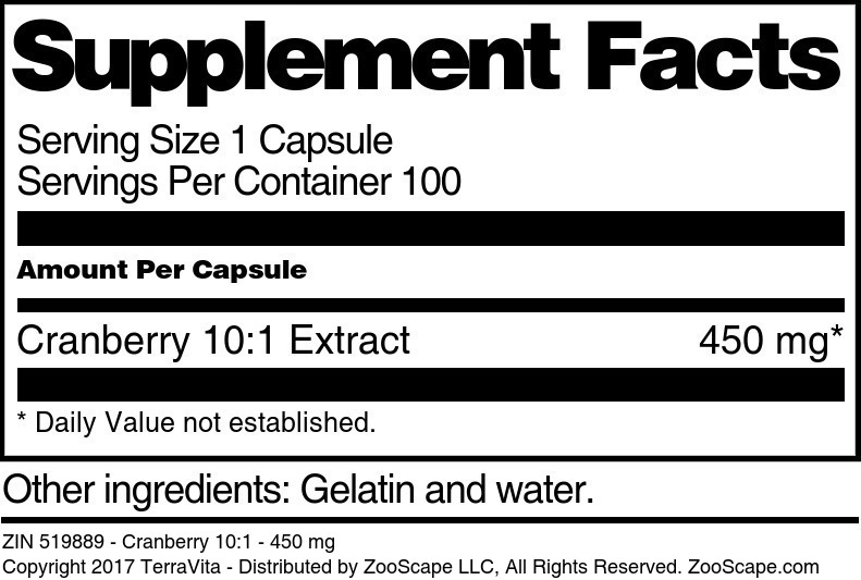 Cranberry 10:1 - 450 mg - Supplement / Nutrition Facts