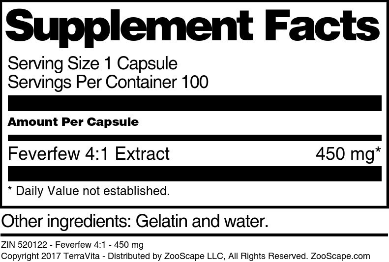 Feverfew 4:1 - 450 mg - Supplement / Nutrition Facts