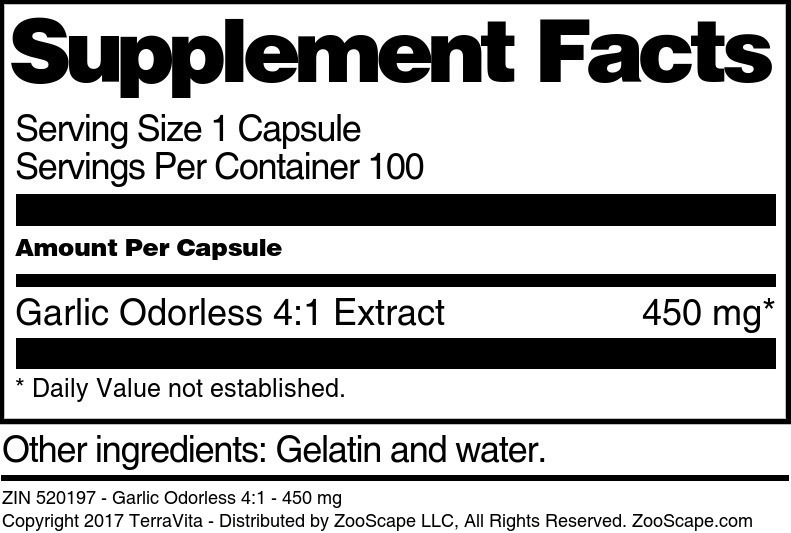Garlic Odorless 4:1 - 450 mg - Supplement / Nutrition Facts