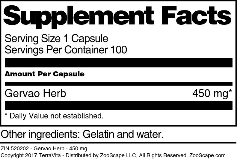 Gervao Herb - 450 mg - Supplement / Nutrition Facts