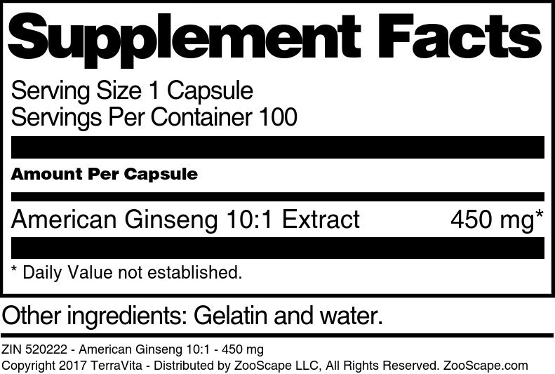 American Ginseng 10:1 - 450 mg - Supplement / Nutrition Facts