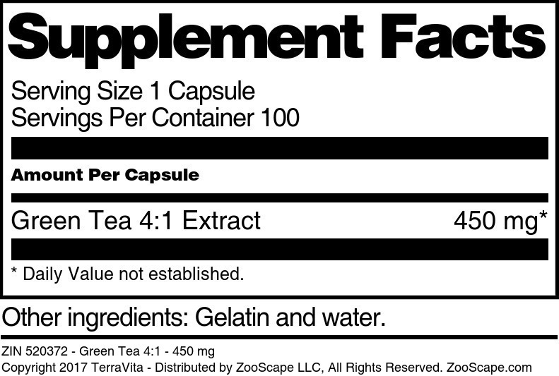 Green Tea 4:1 - 450 mg - Supplement / Nutrition Facts