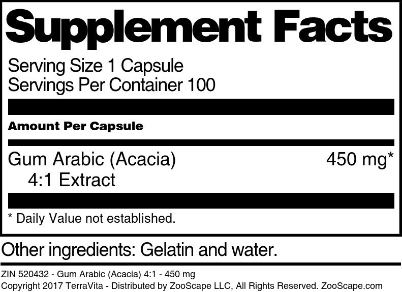 Gum Arabic (Acacia) 4:1 - 450 mg - Supplement / Nutrition Facts