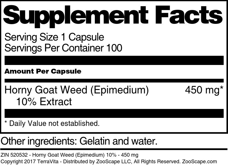 Horny Goat Weed (Epimedium) 10% - 450 mg - Supplement / Nutrition Facts