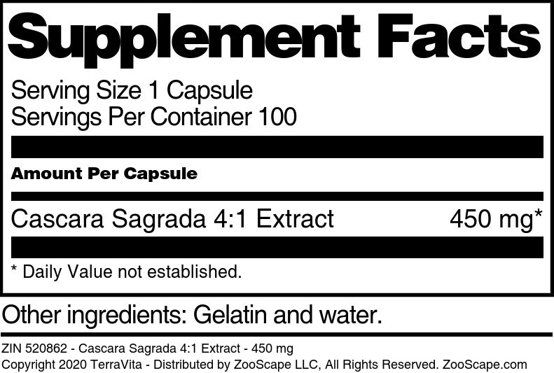 Cascara Sagrada 4:1 Extract - 450 mg - Supplement / Nutrition Facts