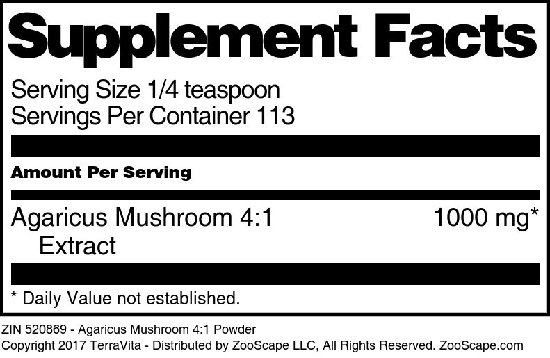 Agaricus Mushroom 4:1 Powder - Supplement / Nutrition Facts