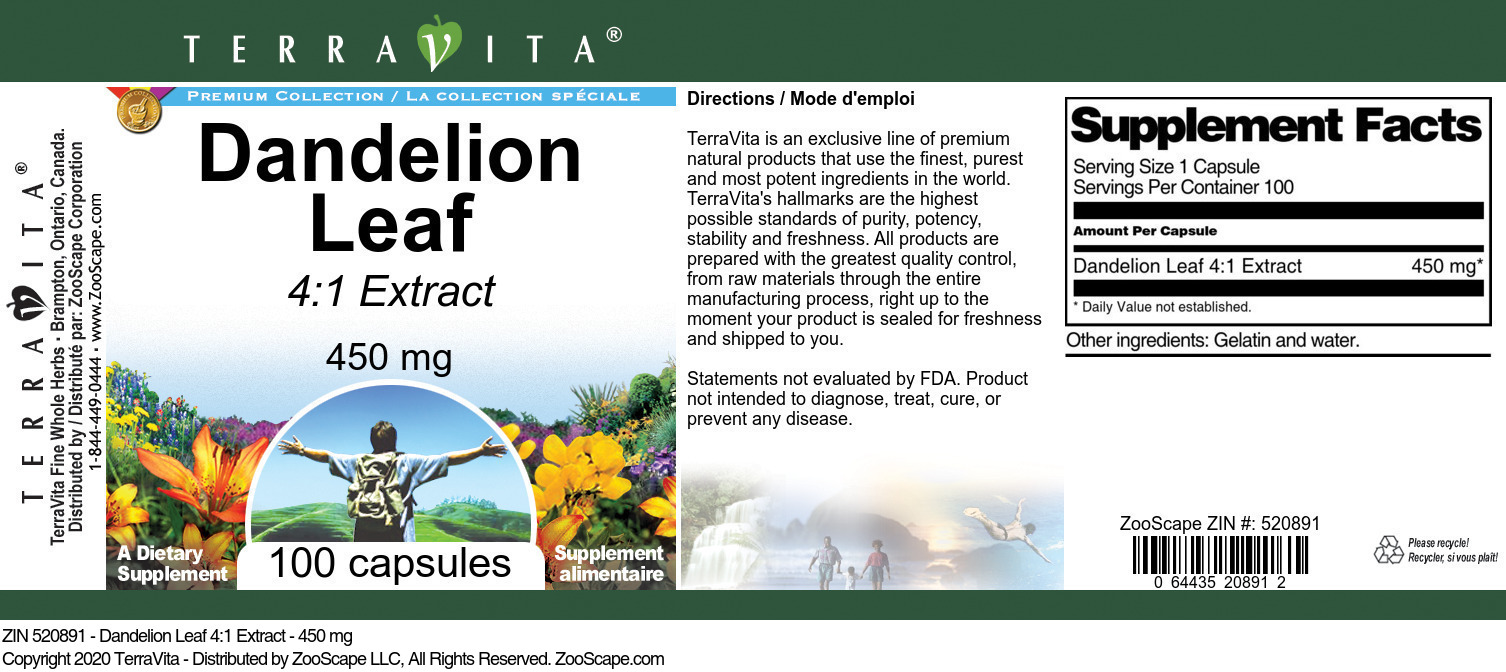 Dandelion Leaf 4:1 Extract - 450 mg - Label