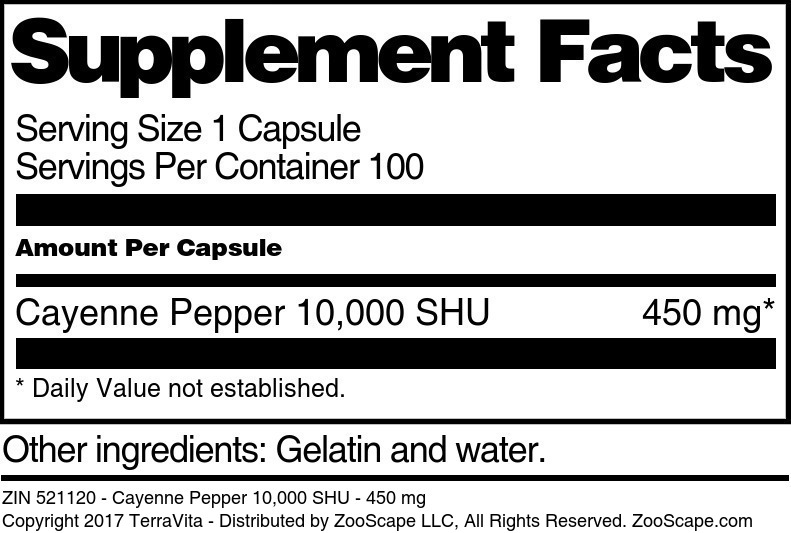 Cayenne Pepper 10,000 SHU - 450 mg - Supplement / Nutrition Facts