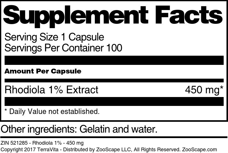 Rhodiola 1% - 450 mg - Supplement / Nutrition Facts