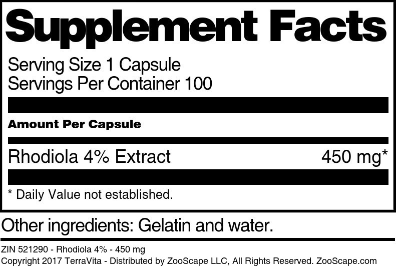 Rhodiola 4% - 450 mg - Supplement / Nutrition Facts