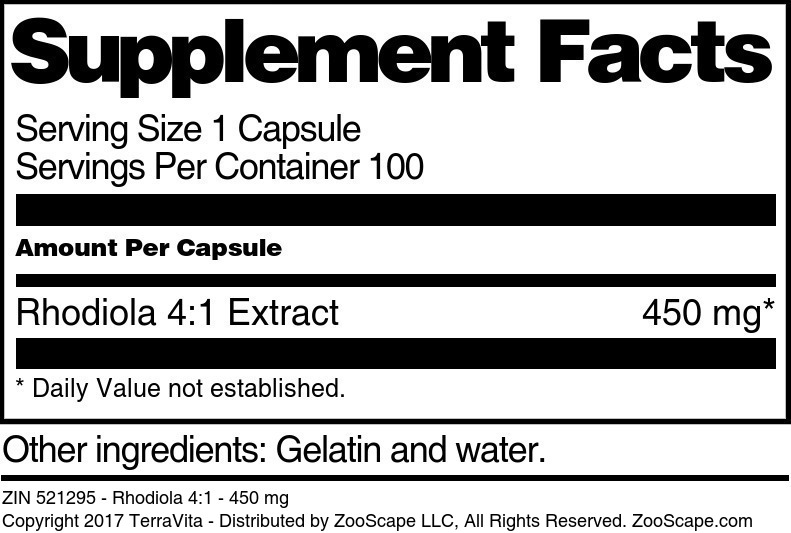 Rhodiola 4:1 - 450 mg - Supplement / Nutrition Facts