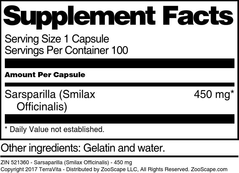 Sarsaparilla (Smilax Officinalis) - 450 mg - Supplement / Nutrition Facts