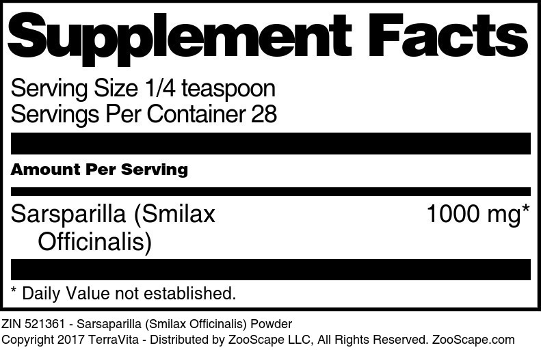 Sarsaparilla (Smilax Officinalis) Powder - Supplement / Nutrition Facts